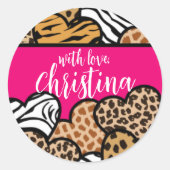 Girly Roze Speelse Dierenprint Harten Naam Ronde Sticker (Voorkant)