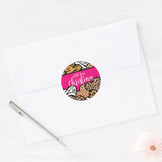 Girly Roze Speelse Dierenprint Harten Naam Ronde Sticker (Envelop)