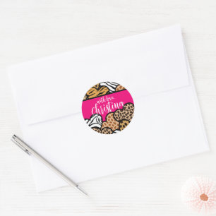 Girly Roze Speelse Dierenprint Harten Naam Ronde Sticker