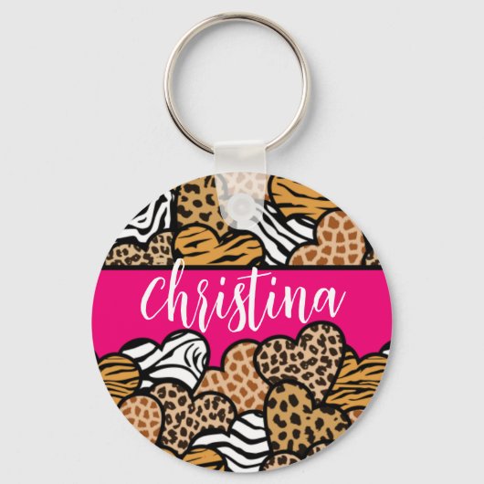 Girly Roze Speelse Dierenprint Harten Naam Sleutelhanger (Voorkant)