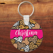 Girly Roze Speelse Dierenprint Harten Naam Sleutelhanger (Achterkant)