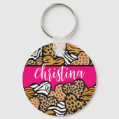 Girly Roze Speelse Dierenprint Harten Naam Sleutelhanger (Achterkant)