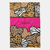 Girly Roze Speelse Dierenprint Harten Naam Theedoek (Verticaal)