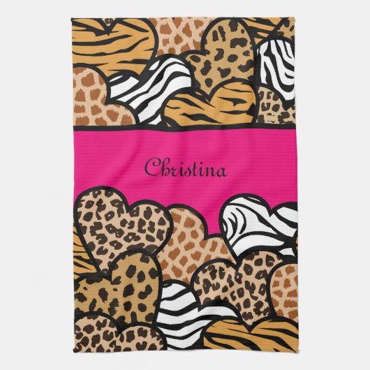 Girly Roze Speelse Dierenprint Harten Naam Theedoek (Verticaal)