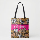 Girly Roze Speelse Dierenprint Harten Naam Tote Bag (Voorkant)