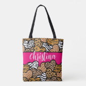 Girly Roze Speelse Dierenprint Harten Naam Tote Bag (Achterkant)