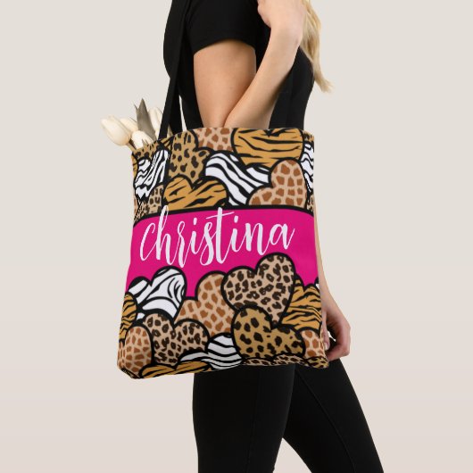 Girly Roze Speelse Dierenprint Harten Naam Tote Bag (Dichtbij)