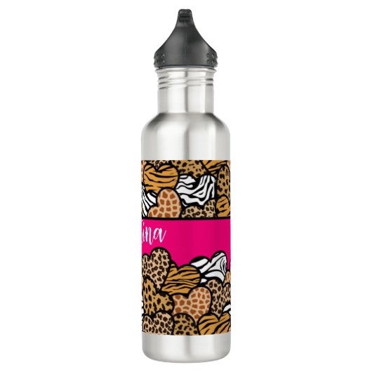 Girly Roze Speelse Dierenprint Harten Naam Waterfles (Rechts)
