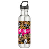 Girly Roze Speelse Dierenprint Harten Naam Waterfles (Voorkant)