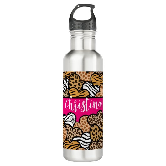 Girly Roze Speelse Dierenprint Harten Naam Waterfles (Voorkant)
