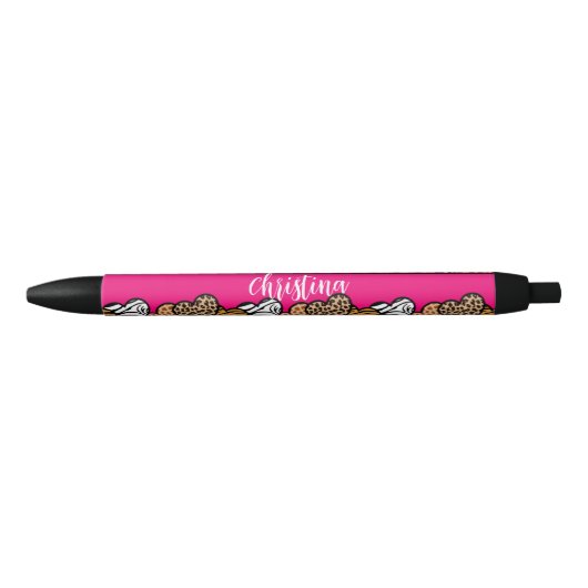 Girly Roze Speelse Dierenprint Harten Naam Zwarte Inkt Pen (Voorkant)