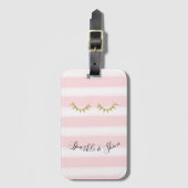 Girly Roze Strepen Gouden Glitter Wimpers Bagagelabel (Voorkant (verticaal))