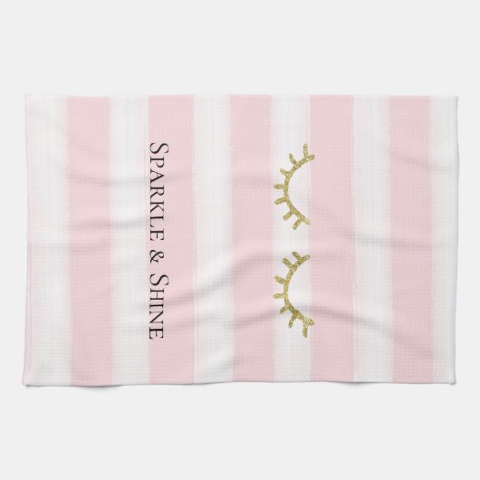 Girly Roze Strepen Gouden Glitter Wimpers Theedoek (Horizontaal)
