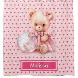 Girly Roze Teddybeer Monogram Douchegordijnen