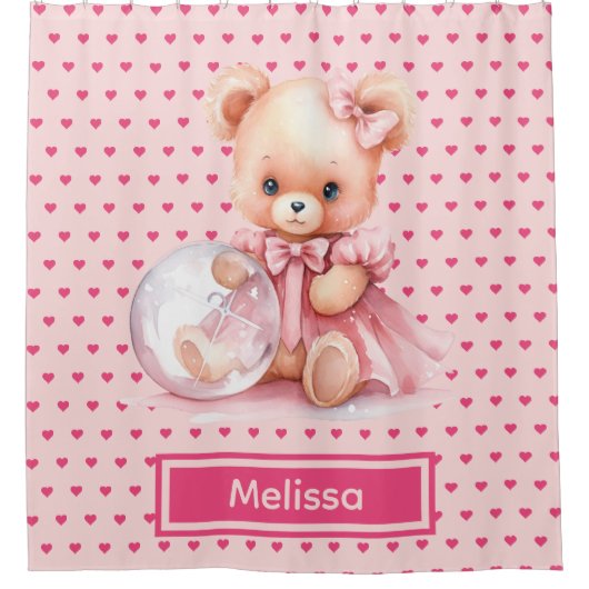 Girly Roze Teddybeer Monogram Douchegordijnen (Voorkant)