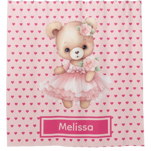 Girly Roze Teddybeer Monogram Douchegordijnen (Voorkant)