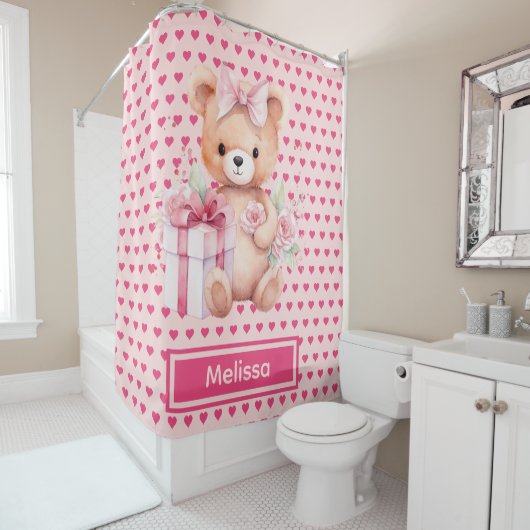 Girly Roze Teddybeer Monogram Douchegordijnen (In situ)