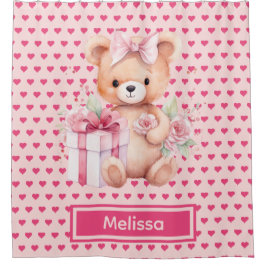Girly Roze Teddybeer Monogram Douchegordijnen