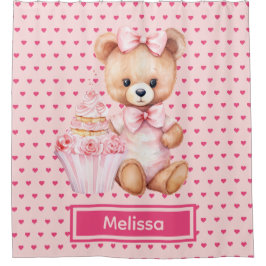 Girly Roze Teddybeer Monogram Douchegordijnen