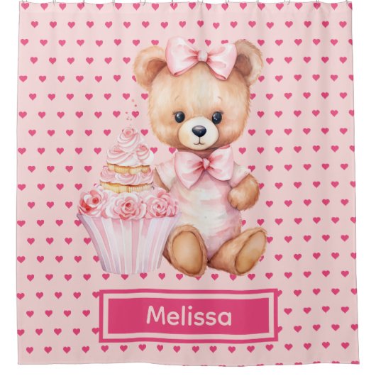 Girly Roze Teddybeer Monogram Douchegordijnen (Voorkant)