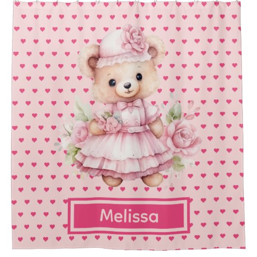 Girly Roze Teddybeer Monogram Douchegordijnen (Voorkant)