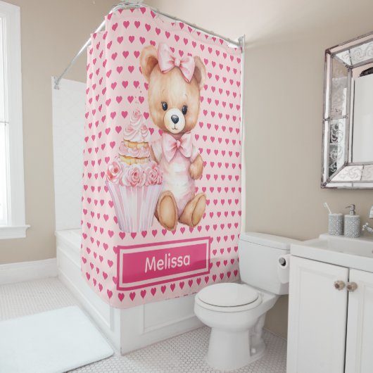 Girly Roze Teddybeer Monogram Douchegordijnen (In situ)