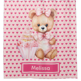 Girly Roze Teddybeer Monogram Douchegordijnen