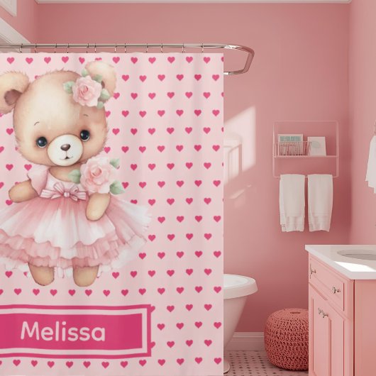 Girly Roze Teddybeer Monogram Douchegordijnen