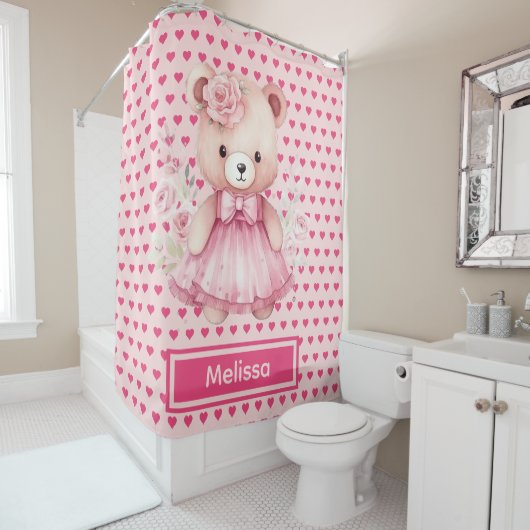 Girly Roze Teddybeer Monogram Douchegordijnen (In situ)