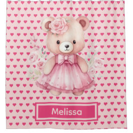 Girly Roze Teddybeer Monogram Douchegordijnen