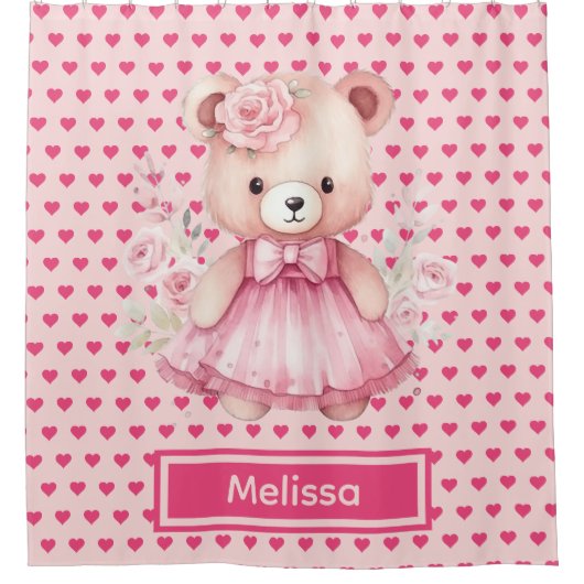 Girly Roze Teddybeer Monogram Douchegordijnen (Voorkant)