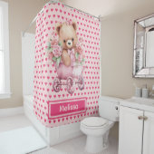 Girly Roze Teddybeer Monogram Douchegordijnen (In situ)