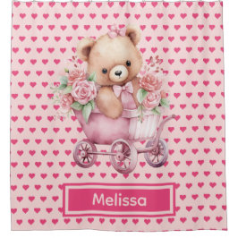 Girly Roze Teddybeer Monogram Douchegordijnen