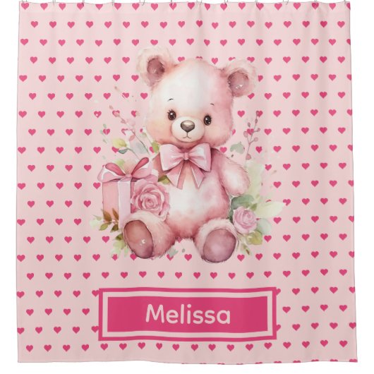 Girly Roze Teddybeer Monogram Douchegordijnen (Voorkant)