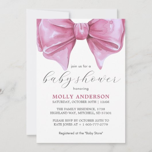 Girly Roze Waterverf Bow Baby shower Kaart (Voorkant)