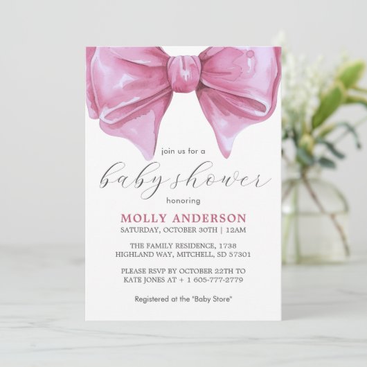 Girly Roze Waterverf Bow Baby shower Kaart (Staand voorkant)