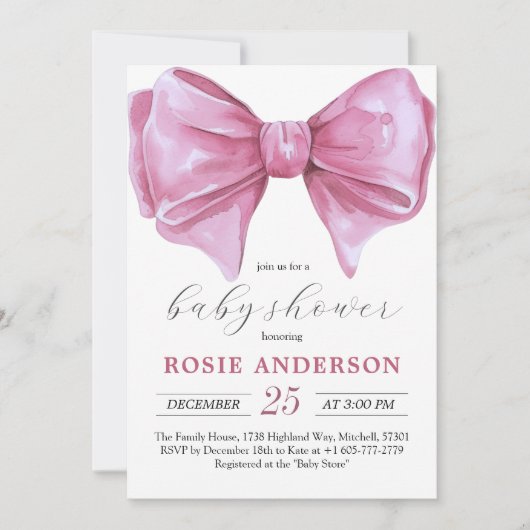 Girly Roze Waterverf Bow Baby shower Kaart (Voorkant)