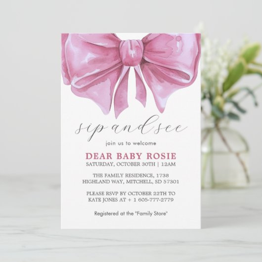 Girly Roze Waterverf Bow Baby shower Sip and See Kaart (Staand voorkant)