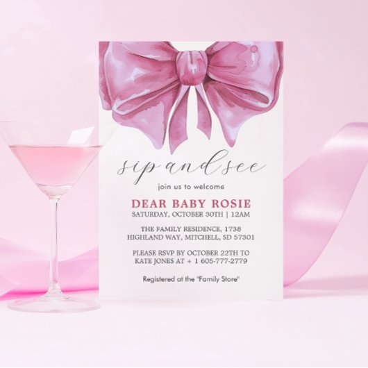 Girly Roze Waterverf Bow Baby shower Sip and See Kaart