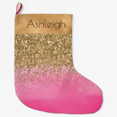 Girly Roze Waterverf Gouden Glitter Glitz Grote Kerstsok (Voorkant)