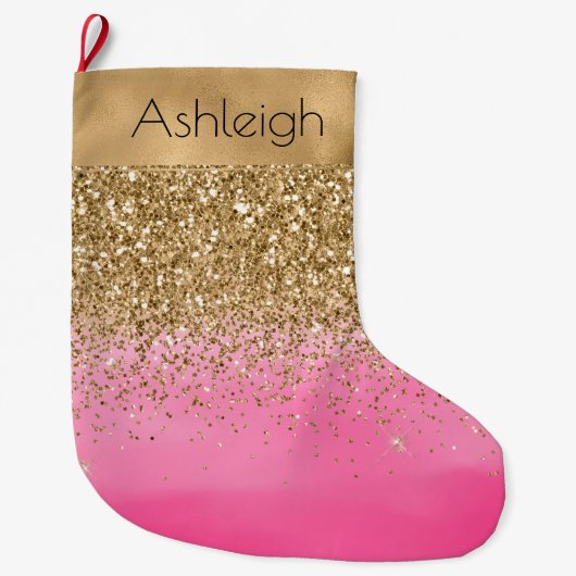Girly Roze Waterverf Gouden Glitter Glitz Grote Kerstsok (Voorkant)