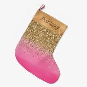 Girly Roze Waterverf Gouden Glitter Glitz Grote Kerstsok (Voorkant (Hangend))
