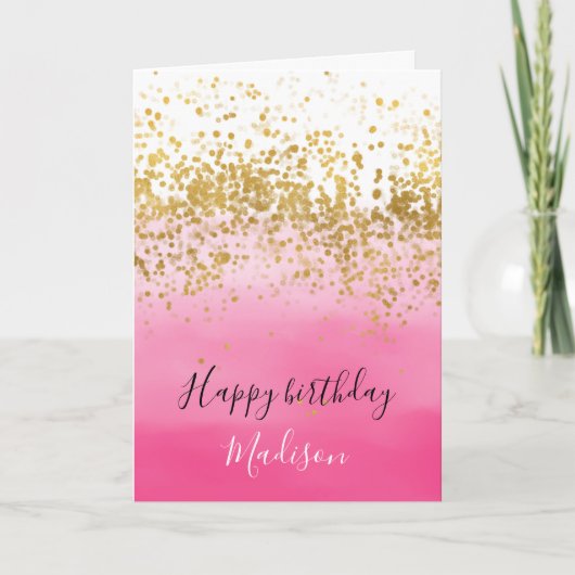 Girly Roze Waterverf Ombre Goud Confetti Kaart (Voorkant)