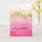 Girly Roze Waterverf Ombre Goud Confetti Kaart (Gele Bloem)
