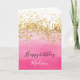 Girly Roze Waterverf Ombre Goud Confetti Kaart