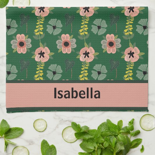 Girly Roze Wit Bloemen Botanische Patroon Naam Theedoek (Gevouwen)