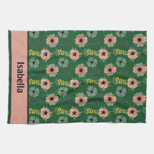 Girly Roze Wit Bloemen Botanische Patroon Naam Theedoek