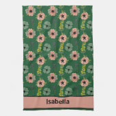 Girly Roze Wit Bloemen Botanische Patroon Naam Theedoek (Verticaal)