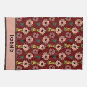 Girly Roze Wit Bloemen Botanische Patroon Naam Theedoek