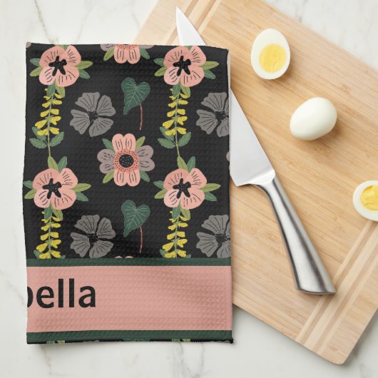 Girly Roze Wit Bloemen Botanische Patroon Naam Theedoek (Quarter Fold)